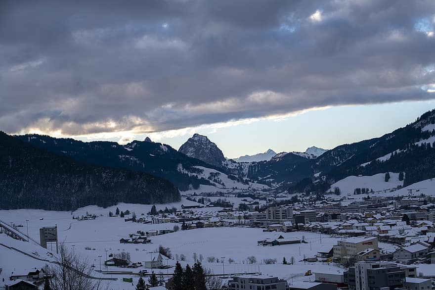 Ελβετία, χειμώνας, πόλη, χιόνι, εποχή, ταξίδι, εξερεύνηση, σε εξωτερικό χώρο, βουνό, τοπίο, κορυφή βουνού