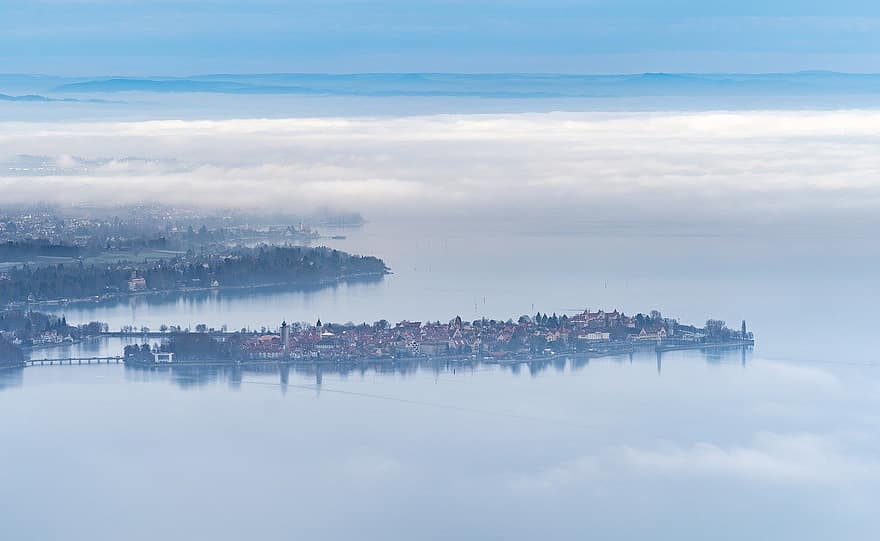 мъгла, остров, езеро Констанс, Линдау, пейзаж, облаци, вода, син, градски пейзаж, облак, небе