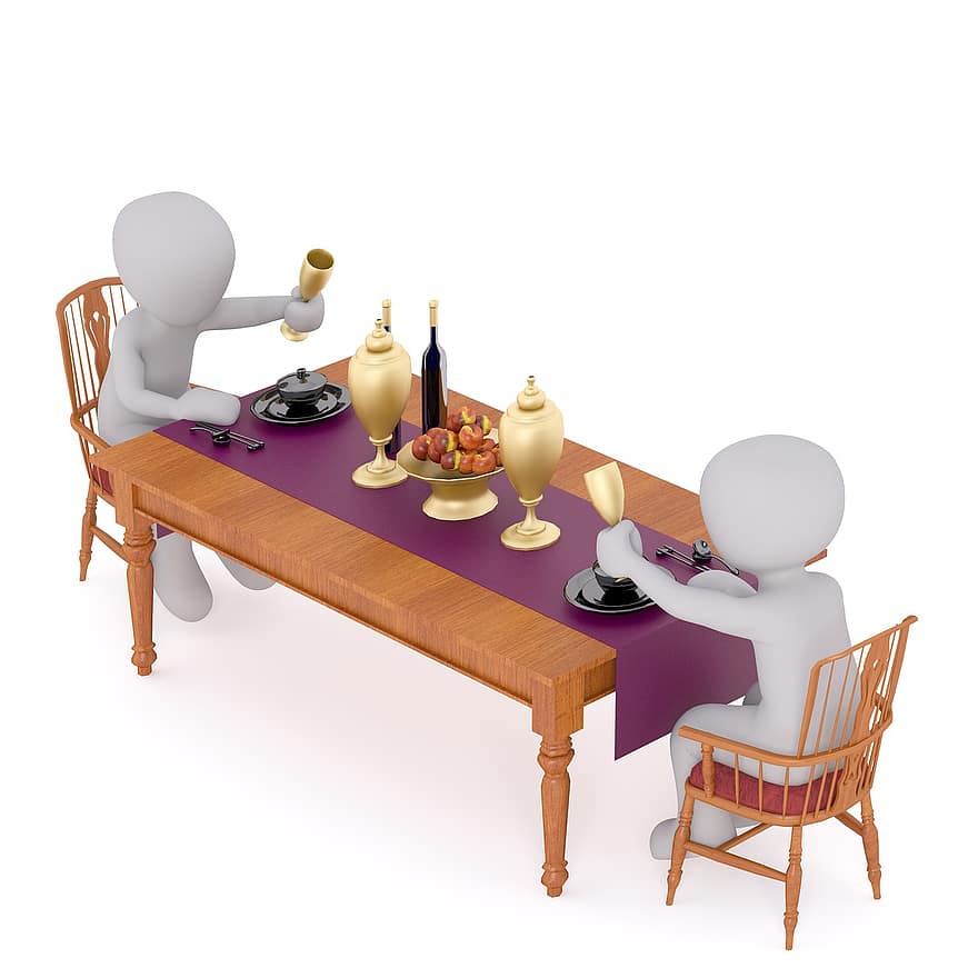 ünnep, asztal, gedeckter asztal, szolgál, pincér, falatozás, kenyér, élelmiszer, eszik, fehér férfi, 3D-s modell