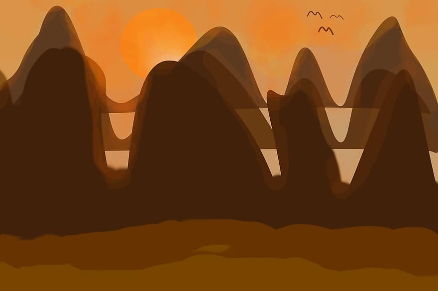 montañas, puesta de sol, naturaleza, arte digital