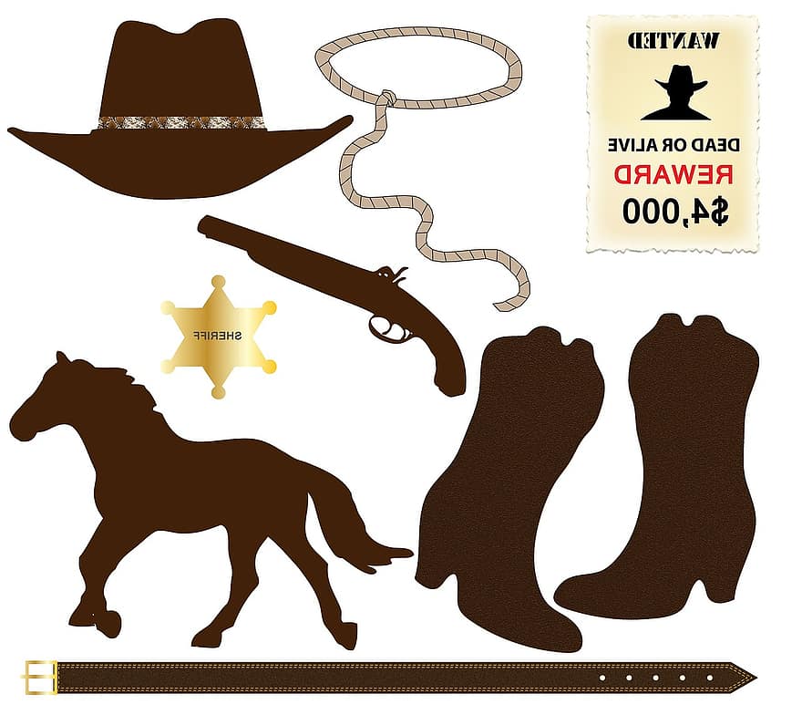 cowboy, kuvakkeet, hattu, lasso, köysi, kengät, pistooli, ase, hevonen, kunniamerkki, seriffi
