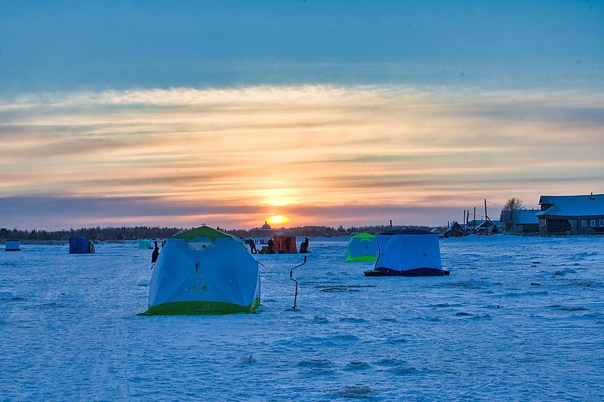 hiver, des tentes, neige, la glace, la nature, le coucher du soleil, été, paysage, crépuscule, eau, les vacances