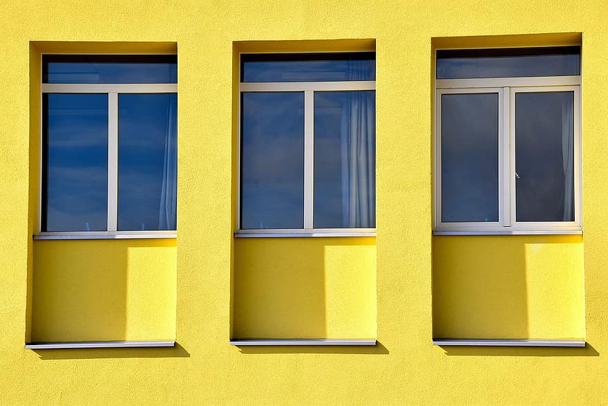 okna, Ściana, budynek, architektura, fasada, żółta ściana, projekt, dom
