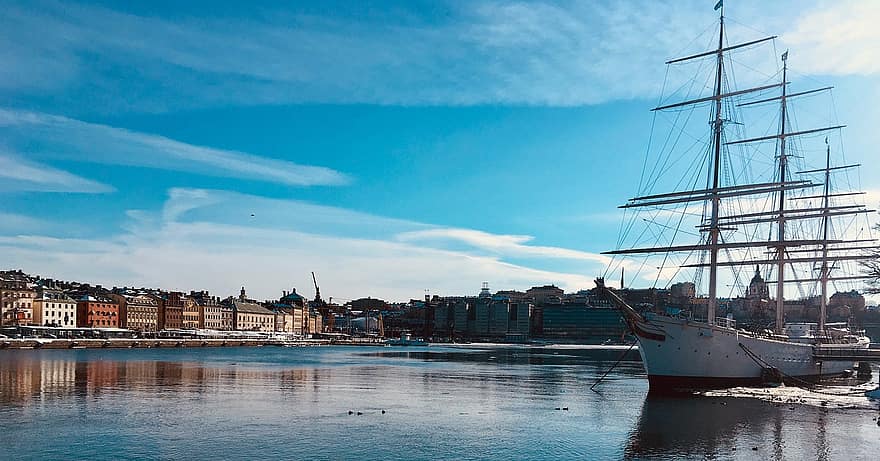 navă, râu, port, mare, Stockholm, călătorie, arhitectură, iarnă, rece, zăpadă, vacante