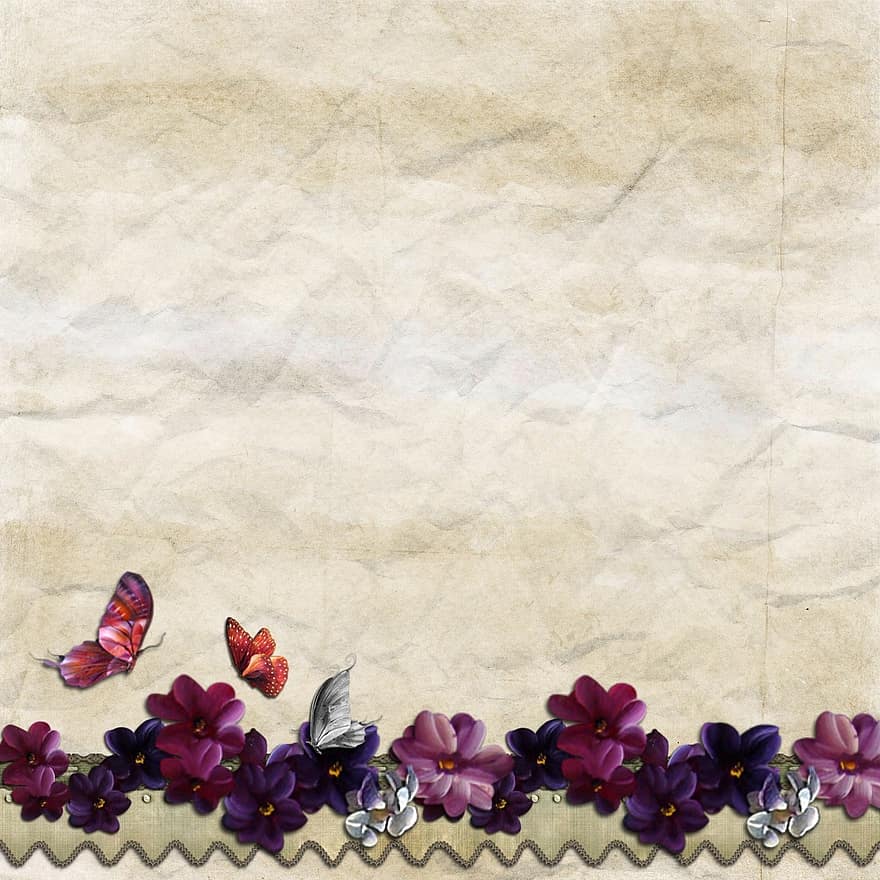 Background, Butterfly, Vintage, Beige, Crumpled, Flower, Lace, Fabric, Texture, Paper, Measure