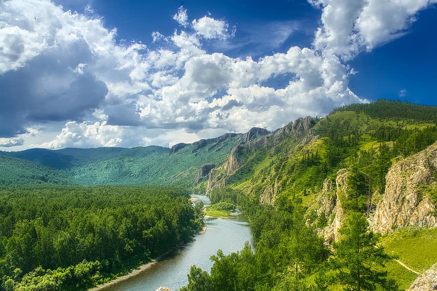 río, naturaleza, al aire libre, viaje, exploración, Khakassia, montañas, cielo, paisaje, montaña, bosque