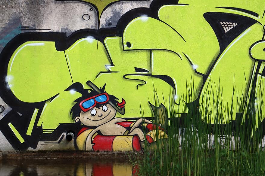 graffiti, taide, katutaide, kaupunki-, seinä, kylpeä, lapsi, uimarengas, uimalasit, snorkkeli, ruoho