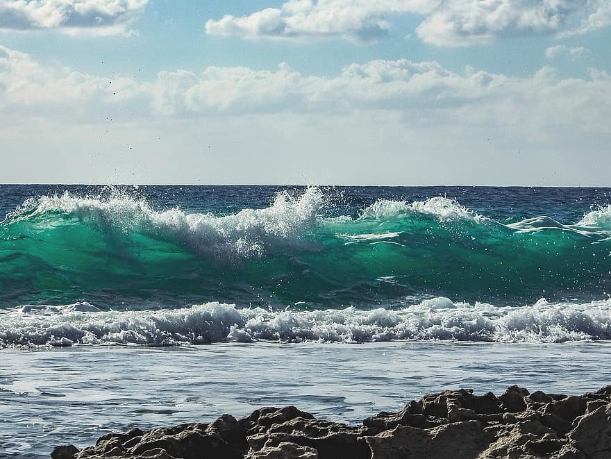 onda, mar, esmagando, céu, nuvens, de praia, agua, verão, azul, surfar, litoral