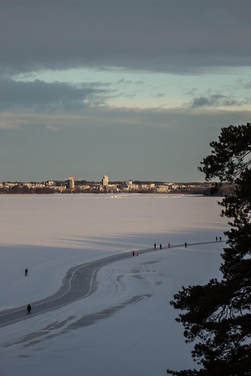 tó, Finnország, Tuusula, tájkép, természet, téli, hó, évszak, hegy, jég, kék