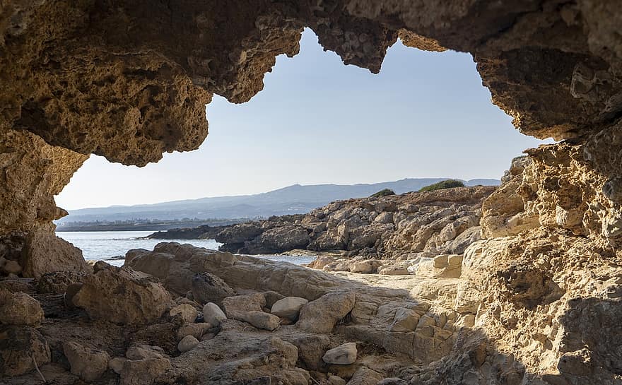 grotta, kust, paphos, stenar, utgång, klippig, havet, hav, landskap, naturskön, natur