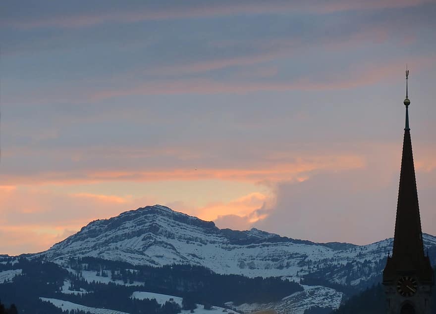 berg-, toren, Zwitserland, sneeuw, top, mist, humeur, avond, zonsondergang, schemer, hemel