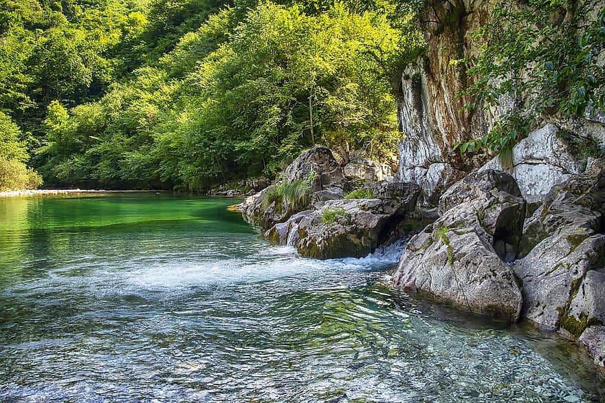 река, природа, пътуване, проучване, гора, вода, зелен цвят, дърво, рок, пейзаж, лято