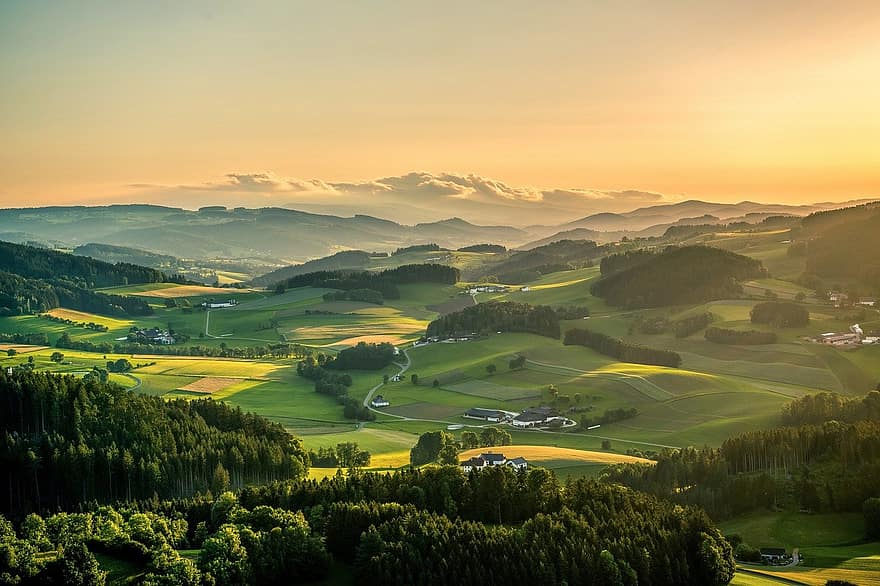 mühlviertel, ainavu, Austrijā, augšējā austrija, saulrieta, kultūras ainavu, kalns, raksturs, pļavas, waxenberg, kalni