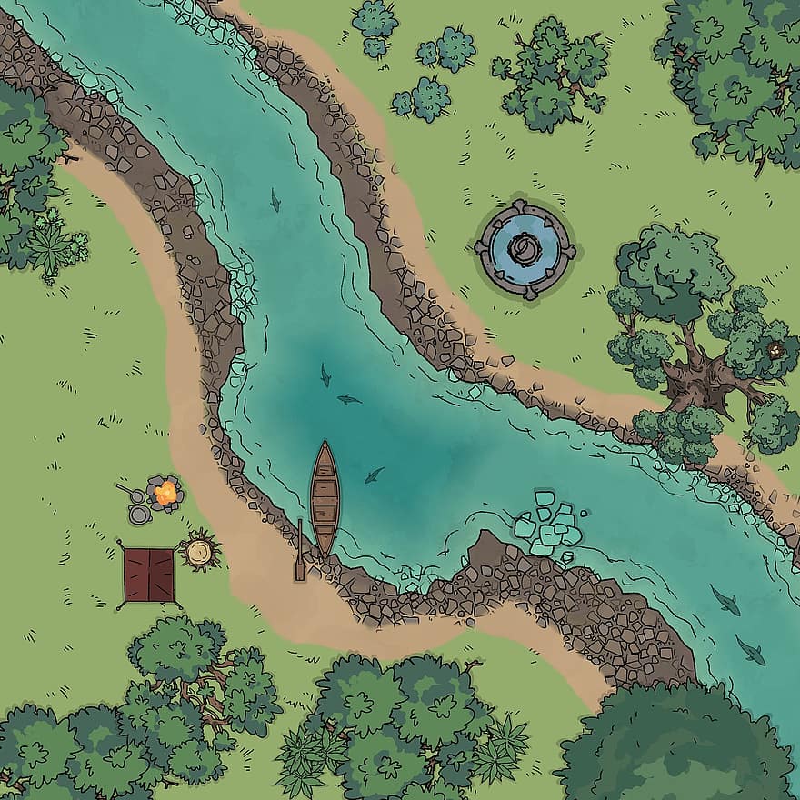 fiume, carta geografica, Dnd Mappa, cartone animato, campeggio, natura, mappa di gioco, boschi