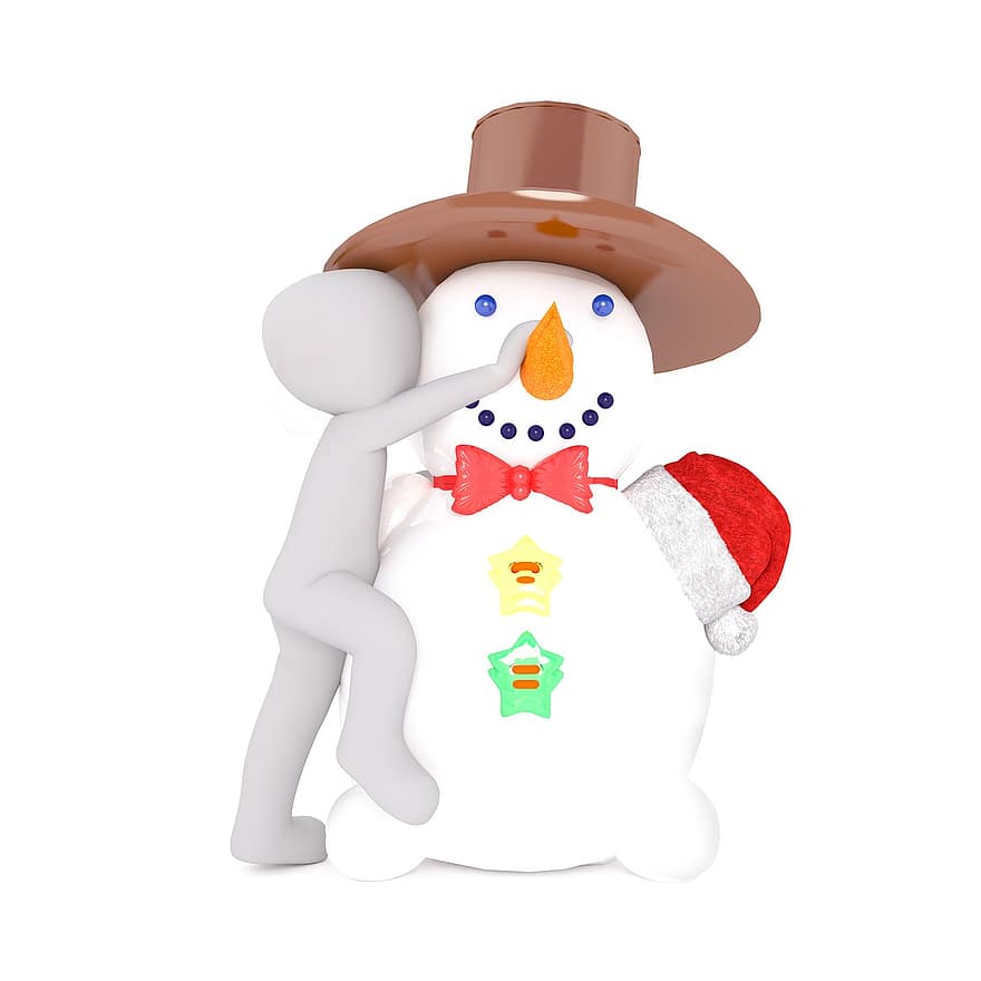 baltas vyras, balta, skaičius, izoliuotas, Kalėdos, 3D modelis, Viso kūno, 3d santa skrybėlę, sniego žmogus, dekoruoti, deco