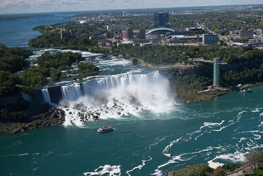 Niagara Falls, Waterfall, Niagara River, River, Tourist Spot, Boat, City, Buildings, water, aerial view, landscape