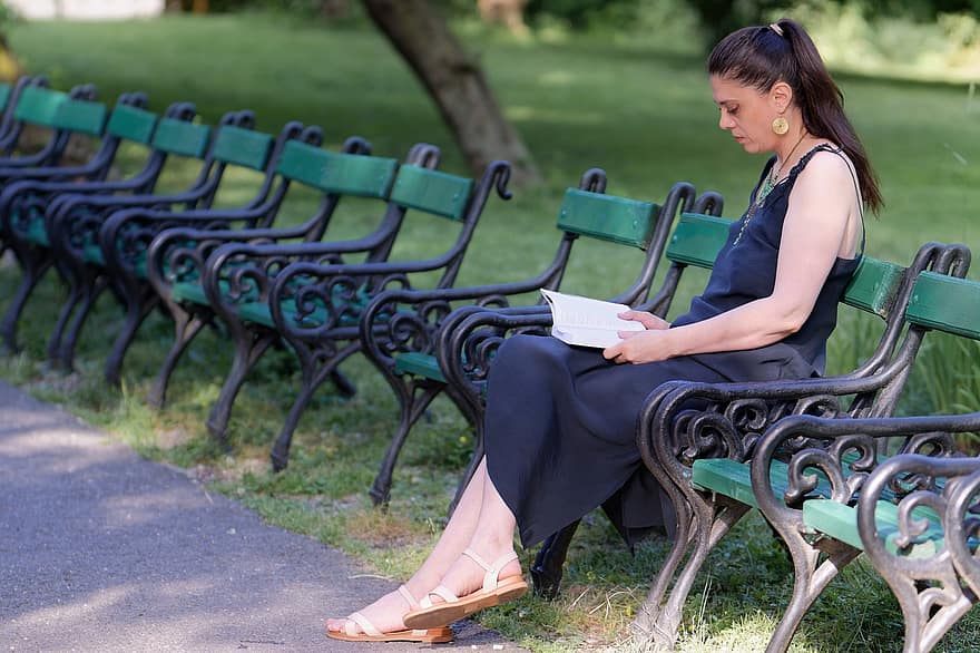Woman, Reading, Park, Book, Leisure, women, sitting, bench, one person, adult, lifestyles