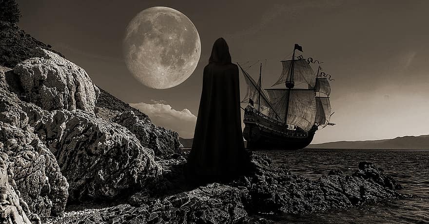 skib, sejlskib, måne, ocean, hav, spøgelse, hjemsøgt, mørk, rædsel, uhyggelig, mareridt