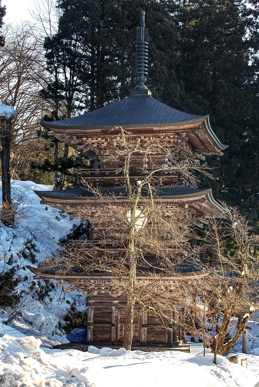 пагода, Япония, зима, буддизм, снег, дерево, архитектура, культуры, известное место, лес, время года