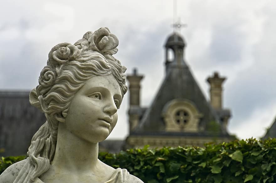 Château, statue, Dame, femme, France, château, femelle, historique, jardin