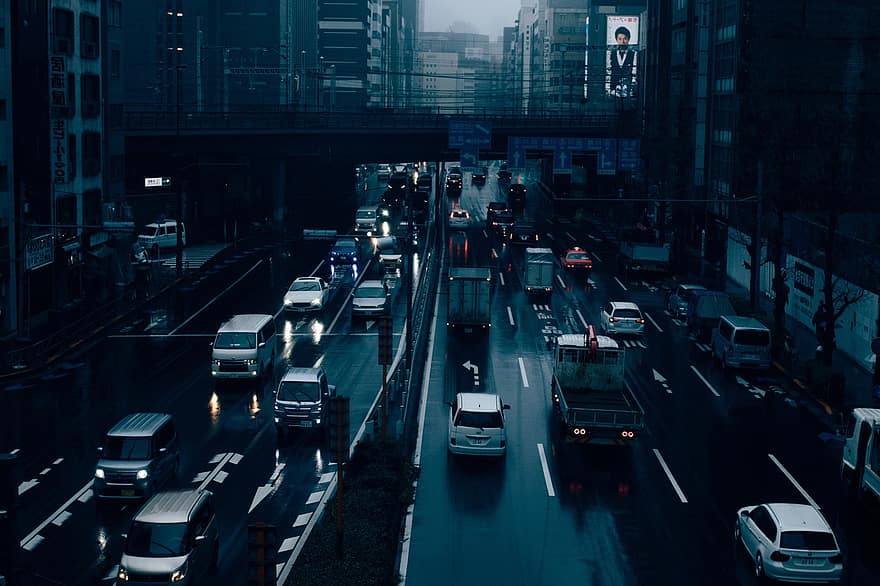 Tokijas, gatvėse, eismas, automobiliai, lietus, lietingas, miestas, pastatai, kelias, architektūra, Azijoje