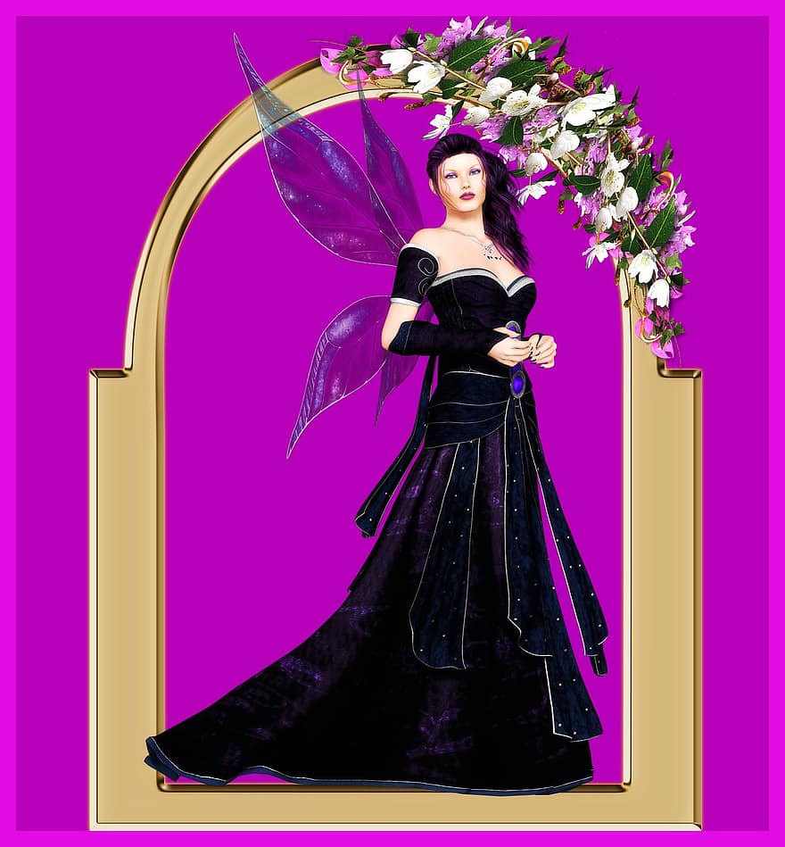 Zana, frumos, Floral Pe Arc Auriu, fantezie, povesti cu zane, rochie lungă, Culoare Cerise, aripi transparente, 300dpi