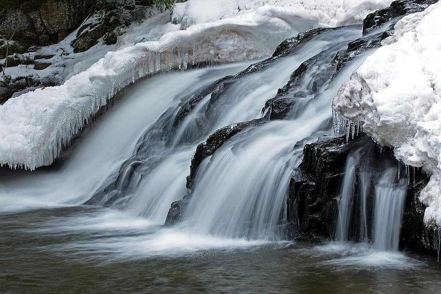 Waterfall, Frozen, Ice, Crystals, water, flowing, forest, rock, flowing water, landscape, freshness