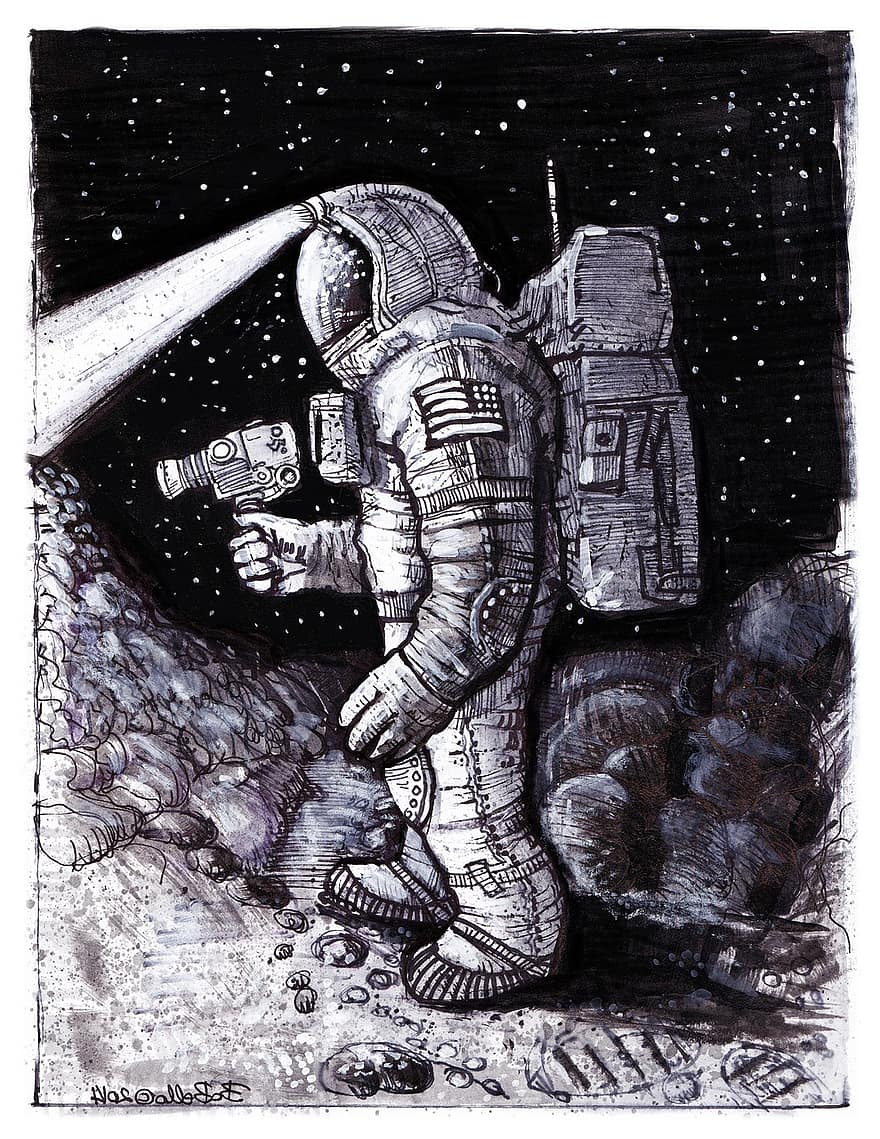 رائد فضاء ، رائد الفضاء ، كاريكاتير ، حبر ، الأكريليك ، رسم ، رائد الفضاء بروس باكستر ، ناسا ، ايس ، التمشي على سطح القمر