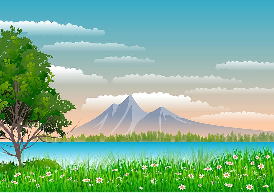 Latar Belakang, ilustrasi, gunung, langit, biru, hijau, pohon, hutan, prado, bukit, danau