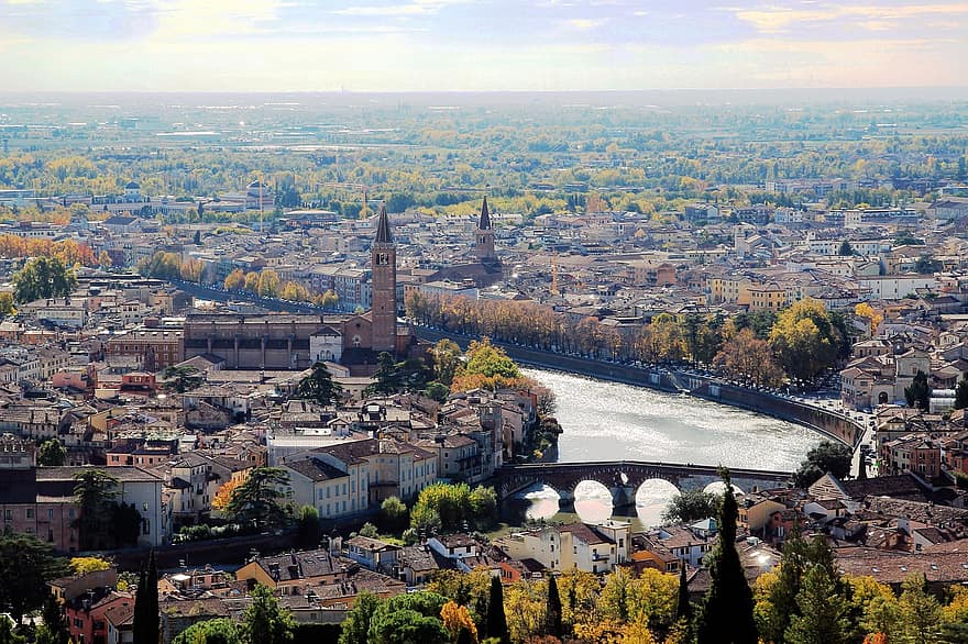 град, пътуване, туризъм, есен, сезон, падане, Верона, Италия, градски пейзаж, известното място, архитектура