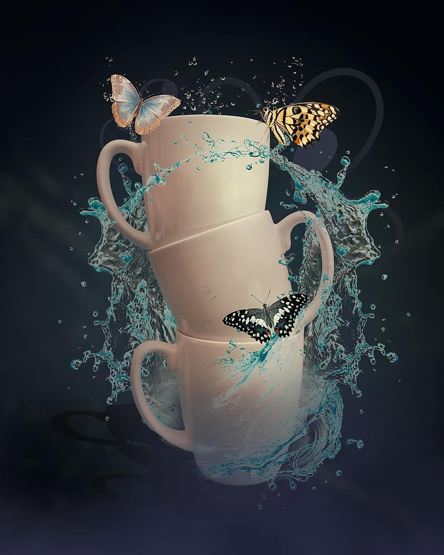чашка, метелик, пити, води