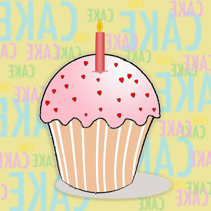 bolo, muffin, vela, aniversário, pastel