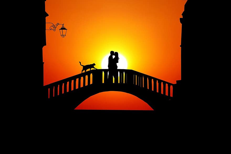 saulrieta, pāris, tilts, Venēcija, Itālija, ūdens, pilsēta, kanālu, romantisks, tūrists
