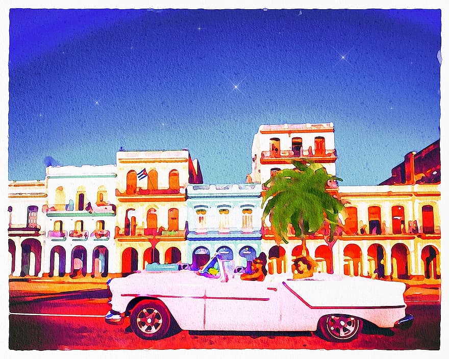 수채화 그림, 쿠바 배경, 아바나, 오래된 자동차, 건축물, 종이, 물든 색, 페인트, 예술적, 수채화, 아크릴