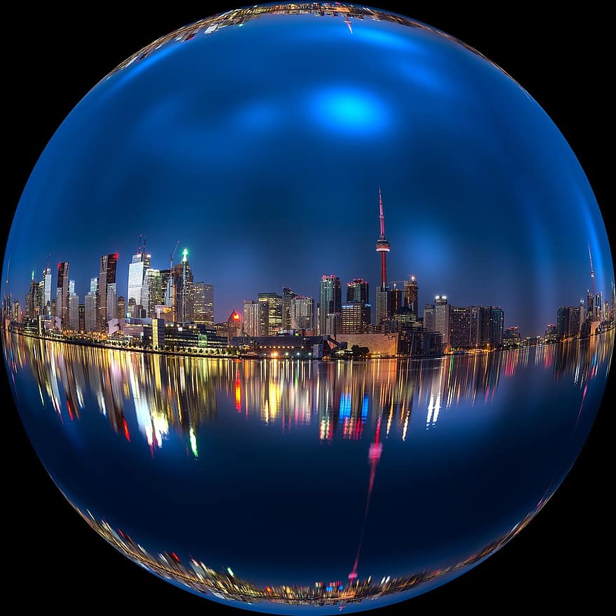 Kanada, Toronto, yö-, pallo, saippuakupla, pyöristää, matkailu, Ontario, heijastus, pilvenpiirtäjä