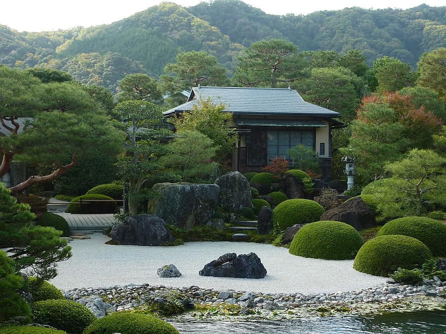 puutarha, Japani, japanilainen puutarha, puu, metsä, vihreä väri, maisema, kesä, vesi, ruoho, vuori