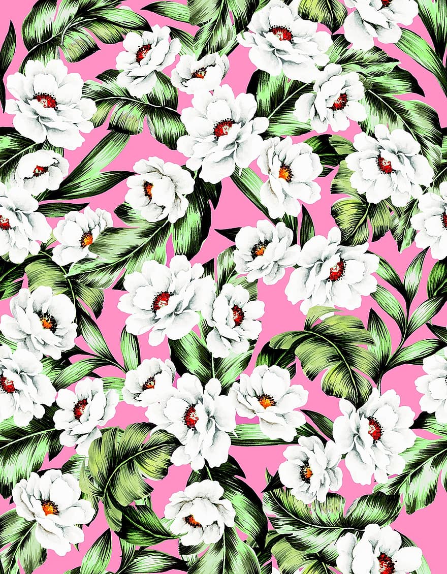 Pink, Green Leaf, Flower, Cloth, Digital, Flower's, Mode, Background