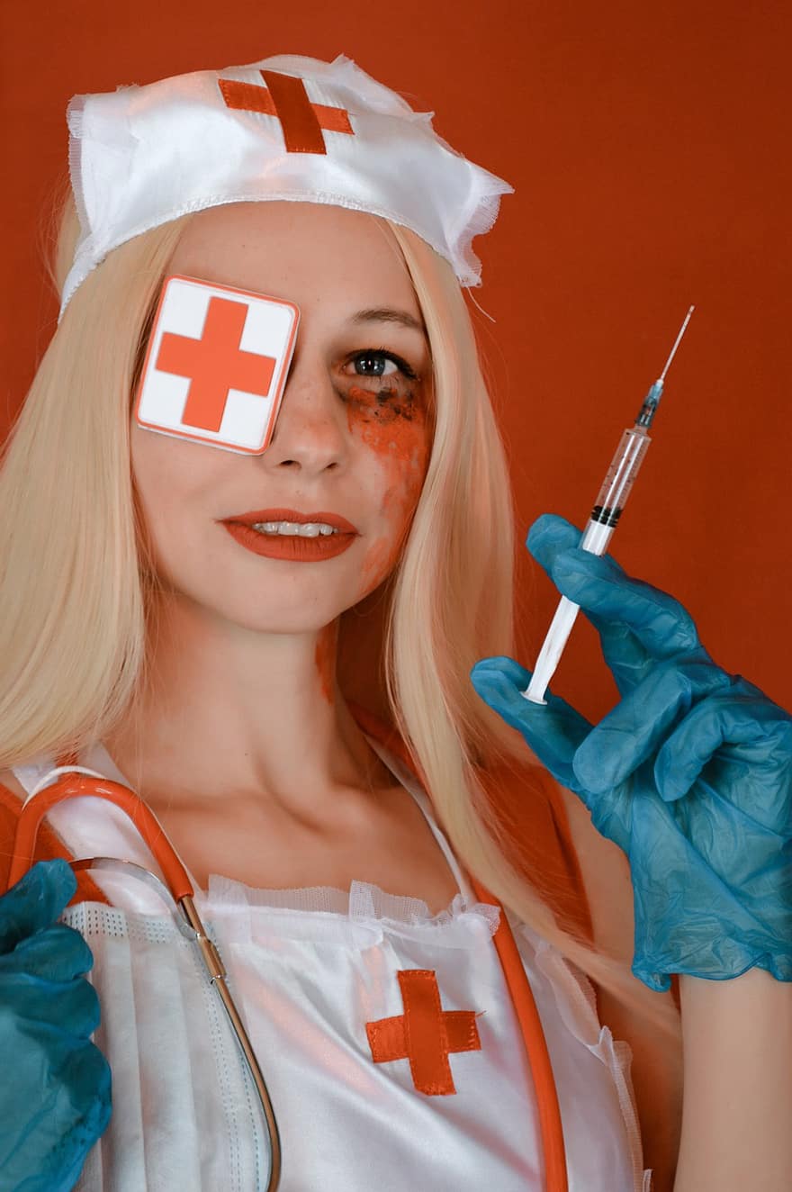verpleegster, cosplay, halloween, meisje, injectiespuit, injectie, Dodelijke injectie, kostuum, vrouw, slecht, verschrikking
