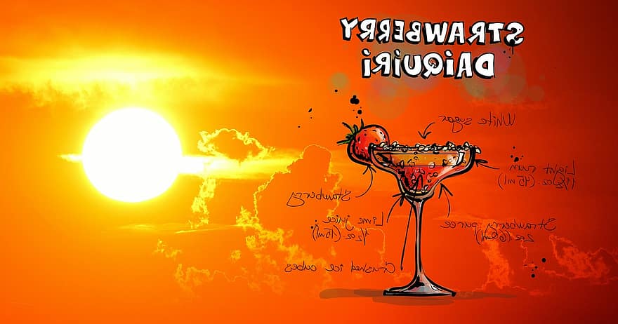 jordbær daiquiri, cocktail, drikke, solnedgang, alkohol, opskrift, parti, alkoholiker, sommer, fejre, forfriskning