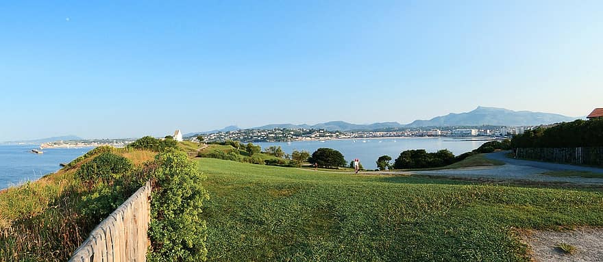 Path, Hill, Seaside, Ocean, City, Basque Country, Panorama, Landscape, summer, water, blue