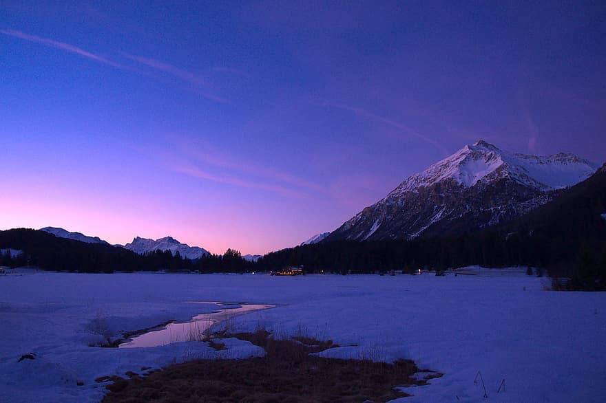 Night, Sky, Mountain, Winter, Snow, Clouds, Frozen, Lake, Cold, Wintry
