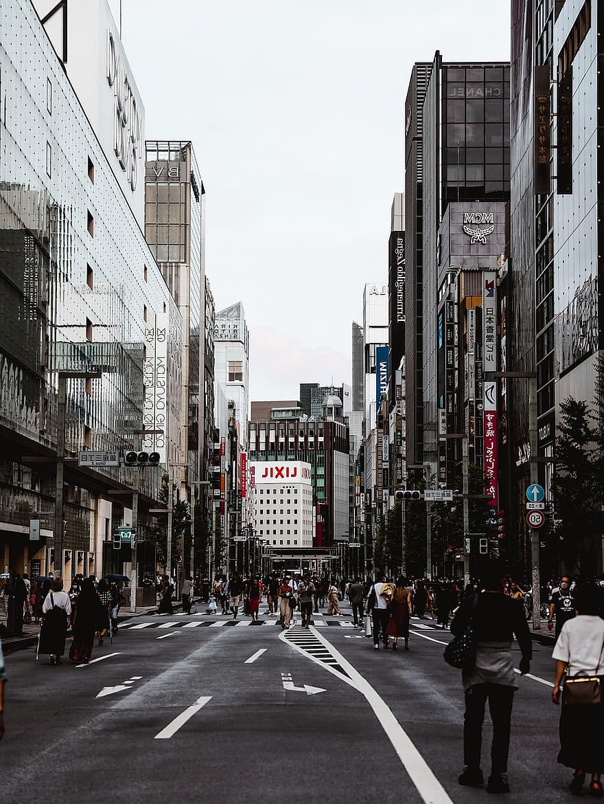 gebouwen, straat, weg, menigte, mensen, stedelijk, shops, stad, tokyo