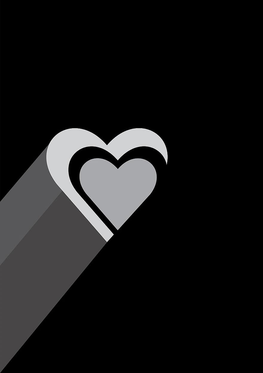 hjerte, kærlighed, sort og hvid, symbol, rød, dag, valentinsdag, design, kort, hilsen, form