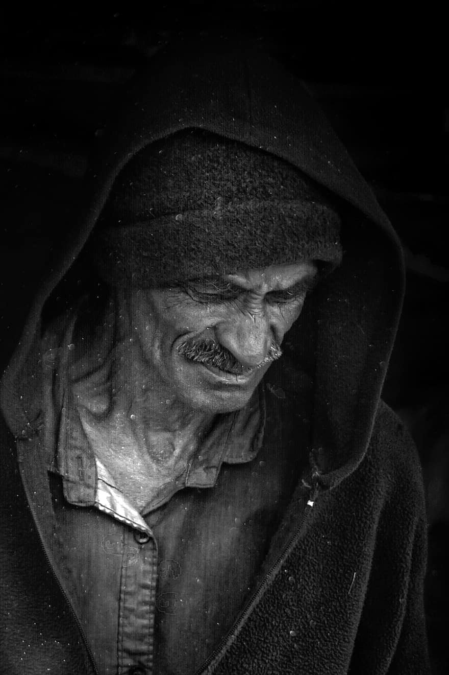 Old Man, Portrait, Elderly Man, Hoodie, Expression, Emotion, Candid, one person, men, adult, black and white