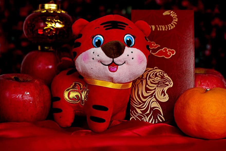 Κινέζικη πρωτοχρονιά, Κούκλα Τίγρη, παράδοση, Τίγρης κινεζικό νέο έτος, φρούτα, λουλούδια