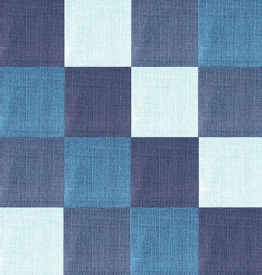 tkanina, textil, textura, modrý, odstíny, bloků, kontroly, geometrický, vzor, design, tkát