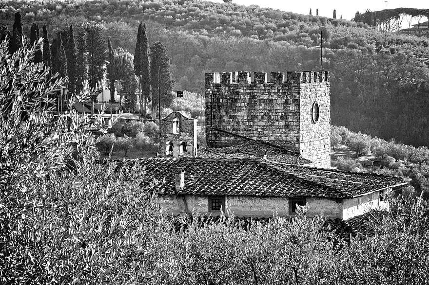 River, Bridge, Hills, Olive Trees, Landscape, Villas, Cypress Trees, Panoramas, Tuscany, black and white, architecture