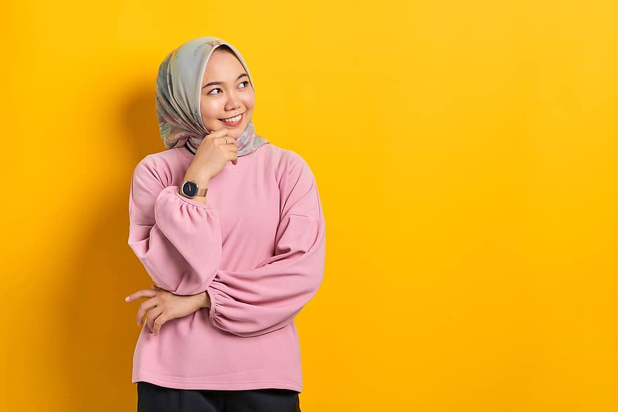 Woman, Thinking, Smiling, Hijab, Muslim Woman, Portrait