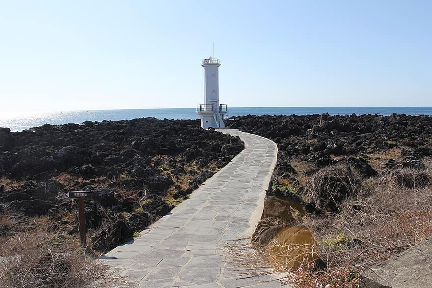 море, фар, Jeju, кула, път, крайбрежие, сграда, природа, хоризонт, небе, вода