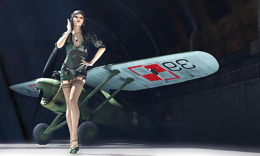 Pzl P11, pin-up, Model 3D, pilot, Kobieta-pilot, Kobieta w mundurze, lotnictwo, pończochy, szpilki, wysokie obcasy, mini